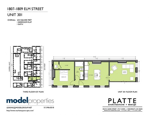 Floor plan for 1 bed, 1 bath, 635 sqft